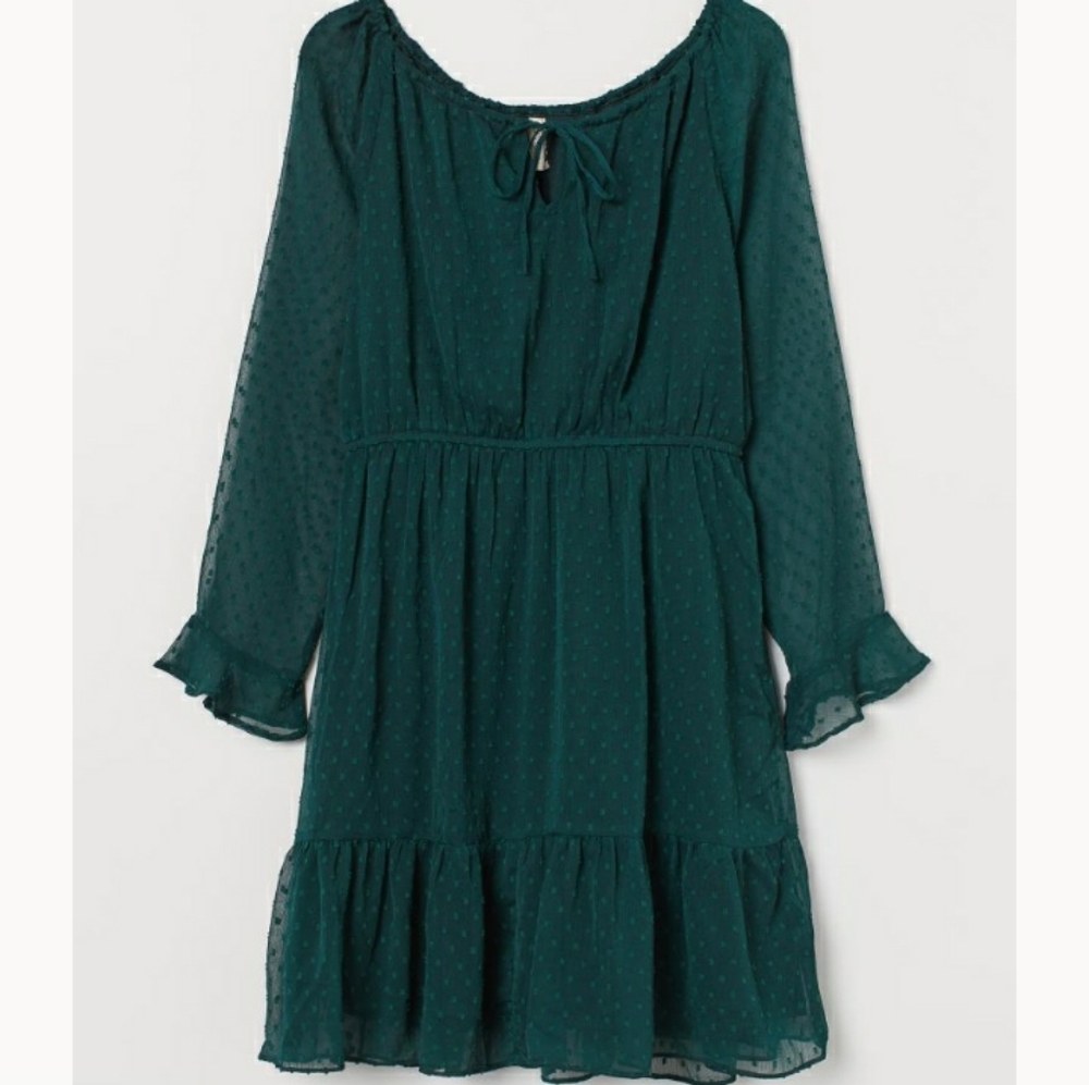H&M Teal Green Long Sleeve Ruffle Hem Dress